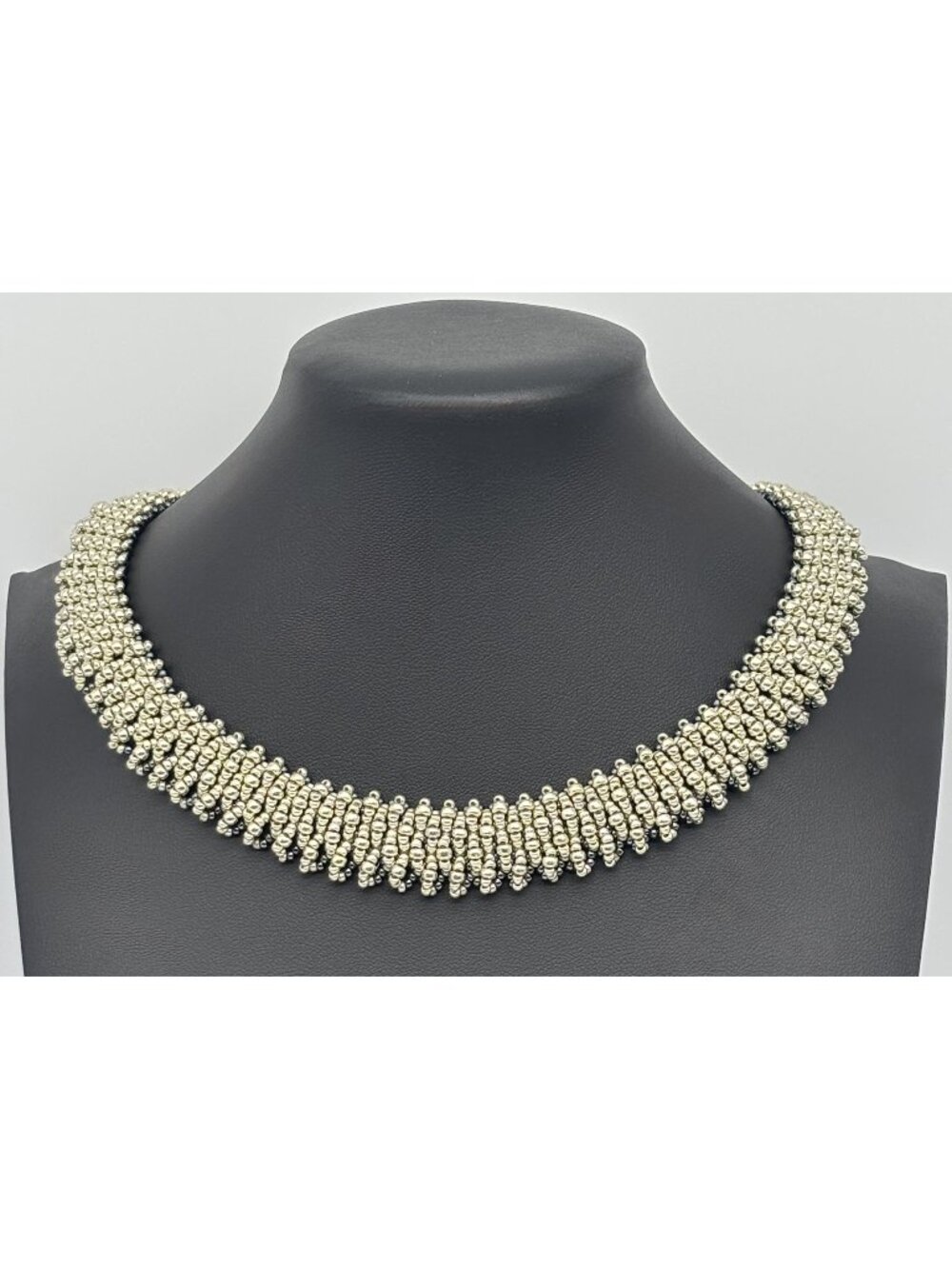 Artisan-Made Collar of Metallic Silver Seed Beads W/Vintage Sarah Coventry Clasp